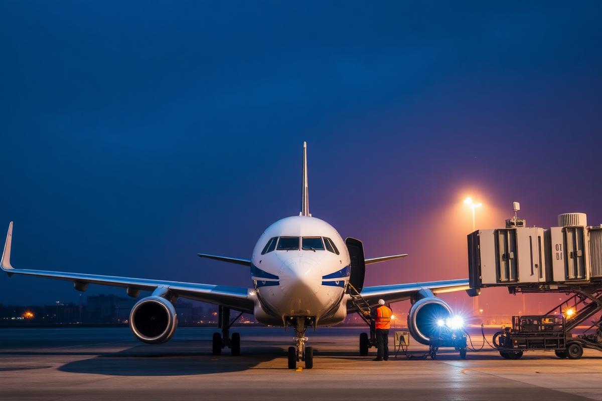 Grounded commercial aircraft with a maintenance engineer at blue hour