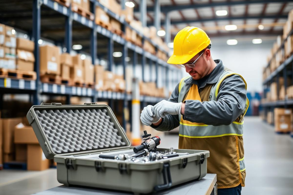 Warehouse operative packing precision parts into a protective foam case