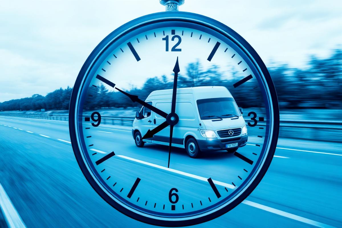 Speeding delivery van on a motorway with a clock overlay