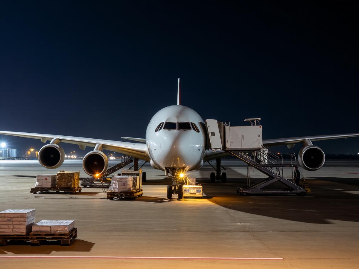 Cargo aircraft being loaded on the tarmac at night