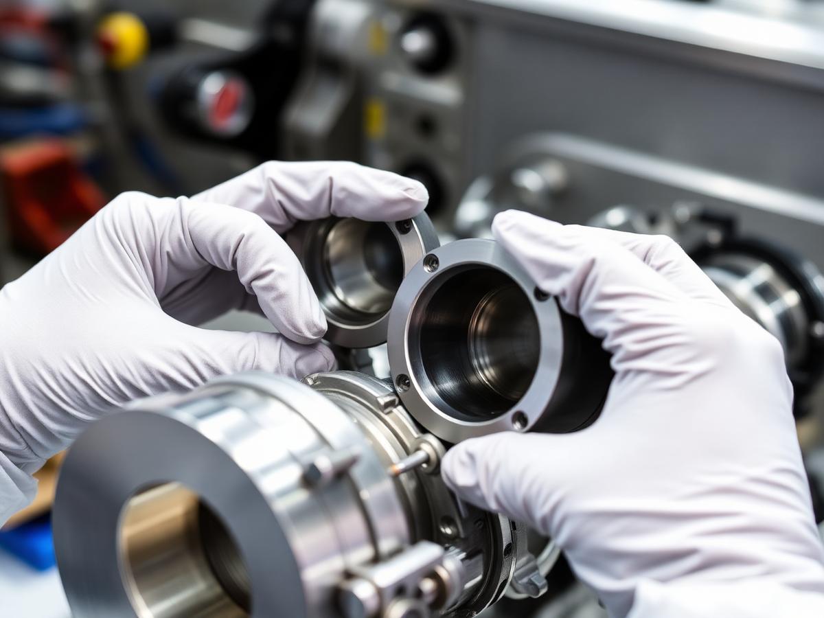 Gloved hands handling precision machined metal parts